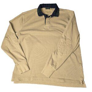 J.Crew VTG Style Rugby Polo Shirt M Beige Oarsman Tartan Collar Padded Elbows